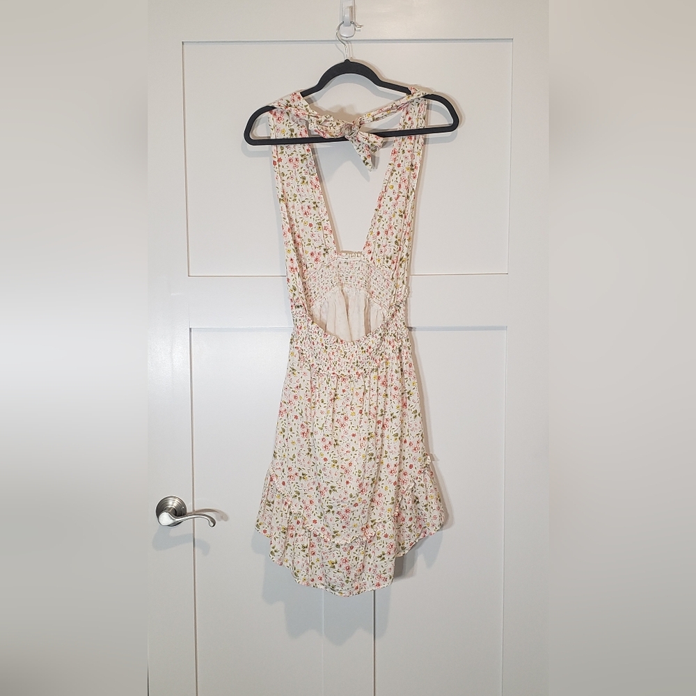 Aerie Halter Ditzy Mini Dress Cotton Lined White Pink Yellow Floral Size Medium - Picture 8 of 13